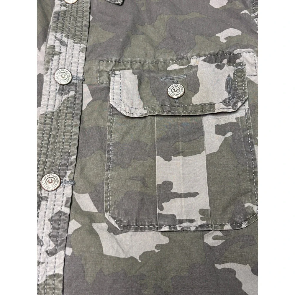 True Religion Luca Mens XL Camo Button‎ Down Shirt Grey Green Utility Military